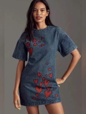 Dhruv Kapoor Embroidered Hearts Acid Wash Denim Mini Dress M